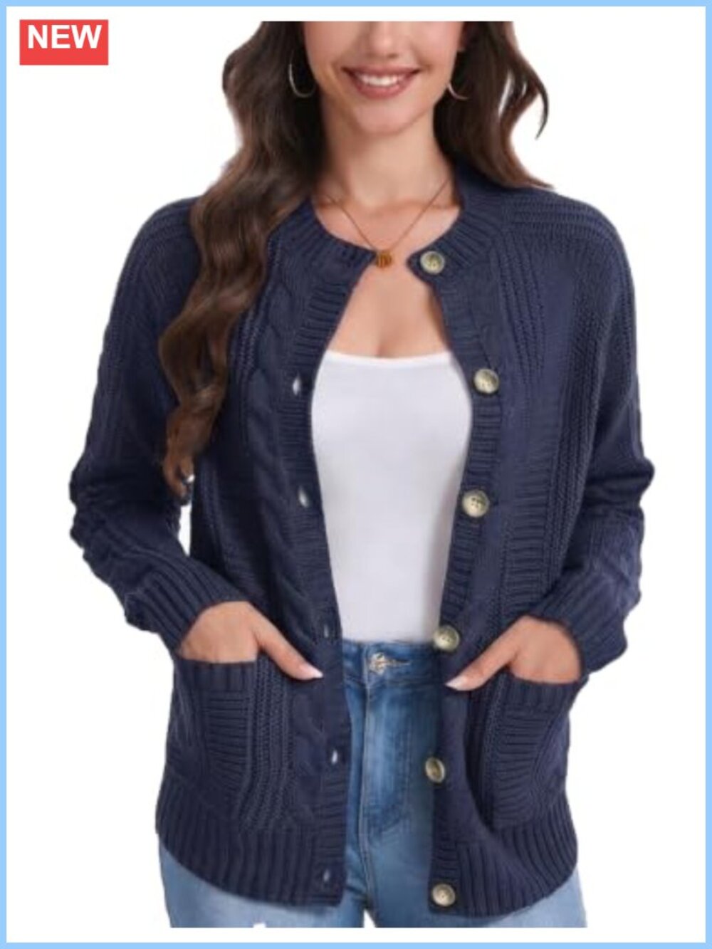 Womens Cable Knit Button Down Cardigan Sweater with Pockets Ribbed Trim
